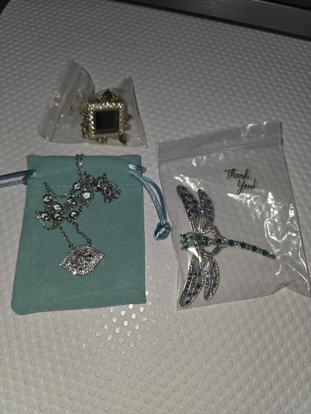 Silver-tone Dragonfly Brooch with Green and Blue Crystals,Ring And Necklace Trio